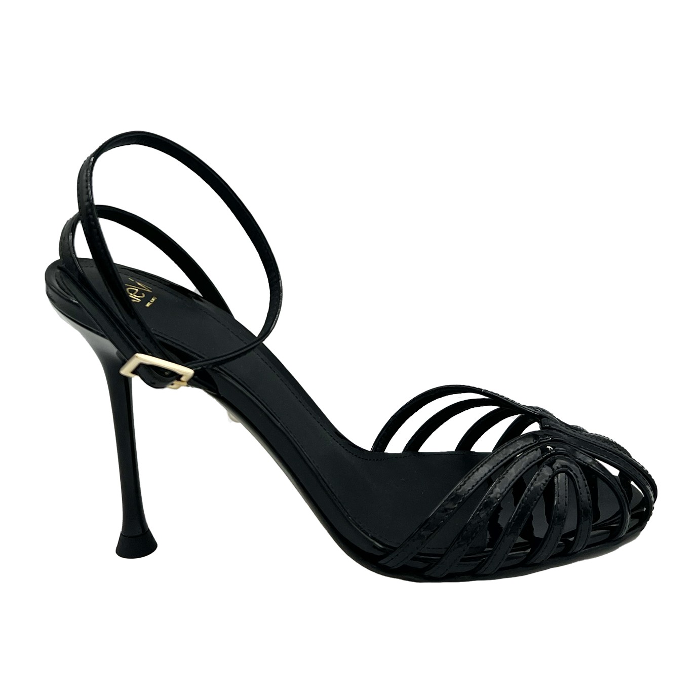 Visuel 1 : Collection Alevi Bordeaux | Sandale Ally en cuir vernis noir| Boutique de chaussures de Luxe Parenthese Bordeaux