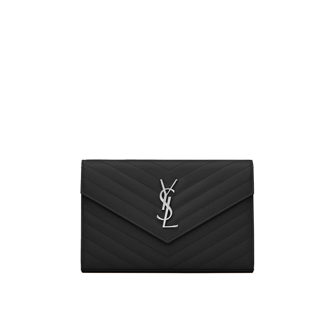 Visuel 1 : Saint Laurent | Pochette Chain Wallet Cassandre en cuir grainé noir et argent | Boutique Parenthese