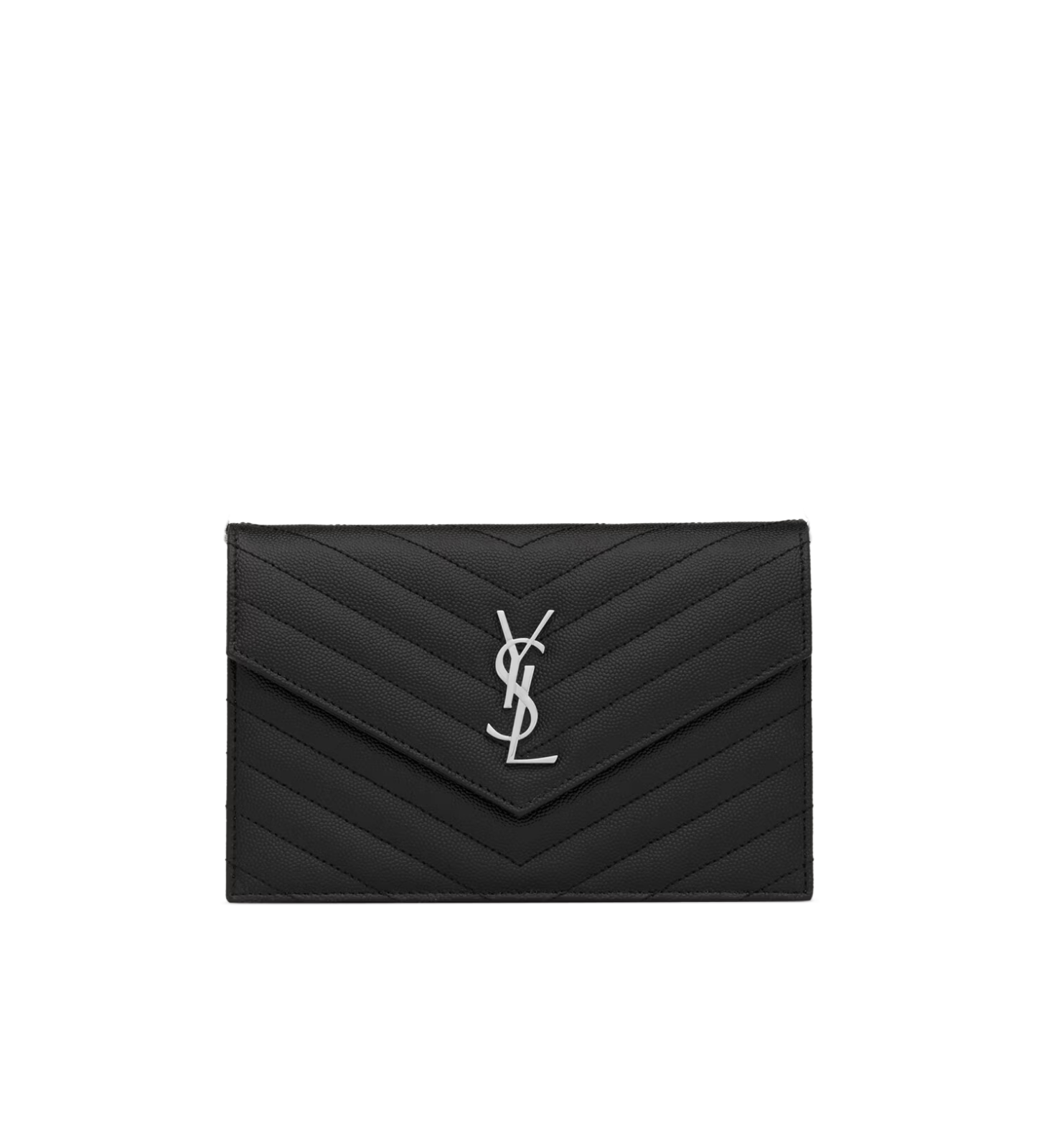 Visuel 1 : Saint Laurent | Pochette Chain Wallet Cassandre en cuir grainé noir et argent | Boutique Parenthese