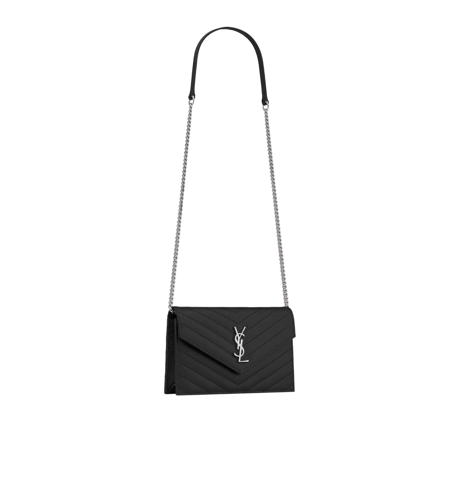Visuel 3 : Saint Laurent | Pochette Chain Wallet Cassandre en cuir grainé noir et argent | Boutique Parenthese