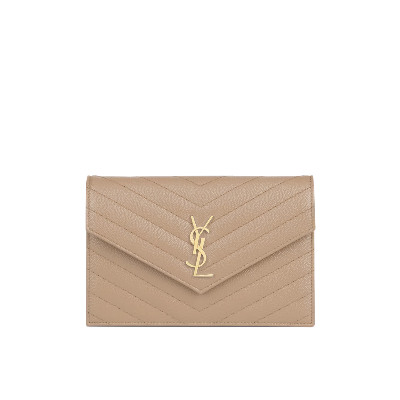 Visuel 1 : Saint Laurent | Pochette Chain Wallet Cassandre en cuir grainé dark beige et doré | Boutique Parenthese Bordeaux