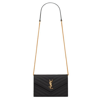 Visuel 2 : Saint Laurent | Pochette Chain Wallet Cassandre small en cuir grainé noir et or | Boutique Parenthese