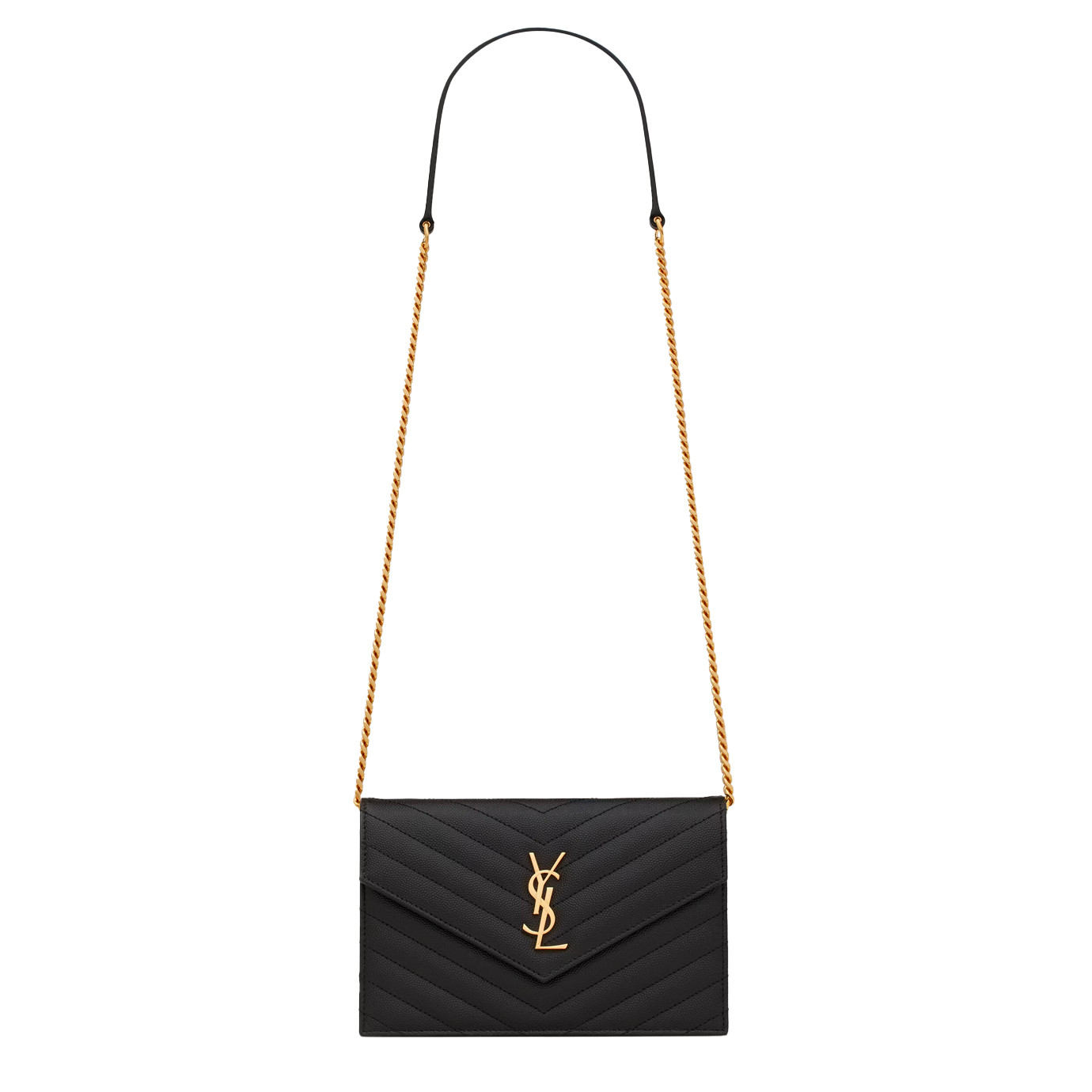 Visuel 2 : Saint Laurent | Pochette Chain Wallet Cassandre small en cuir grainé noir et or | Boutique Parenthese