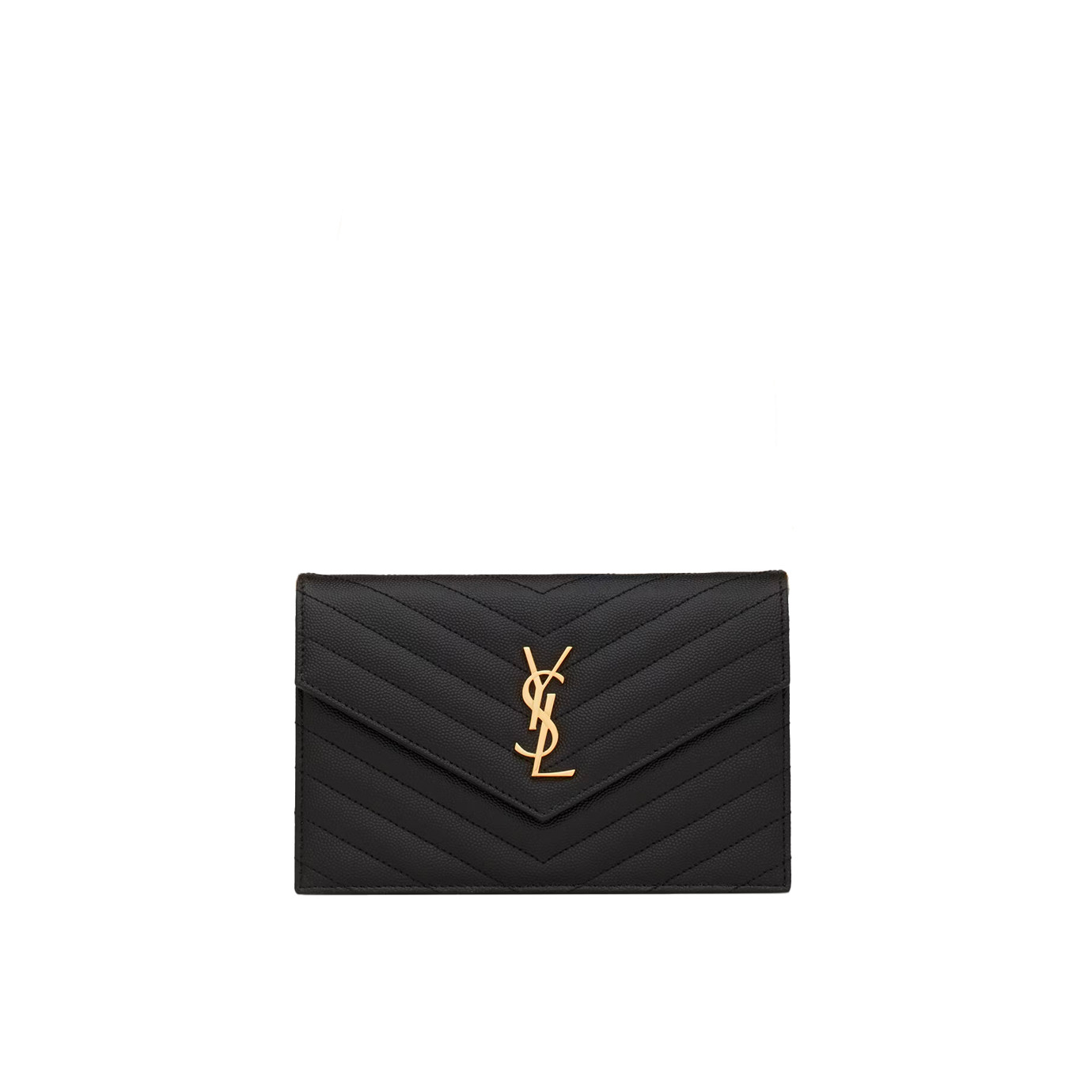 Visuel 1 : Saint Laurent | Pochette Chain Wallet Cassandre small en cuir grainé noir et or | Boutique Parenthese