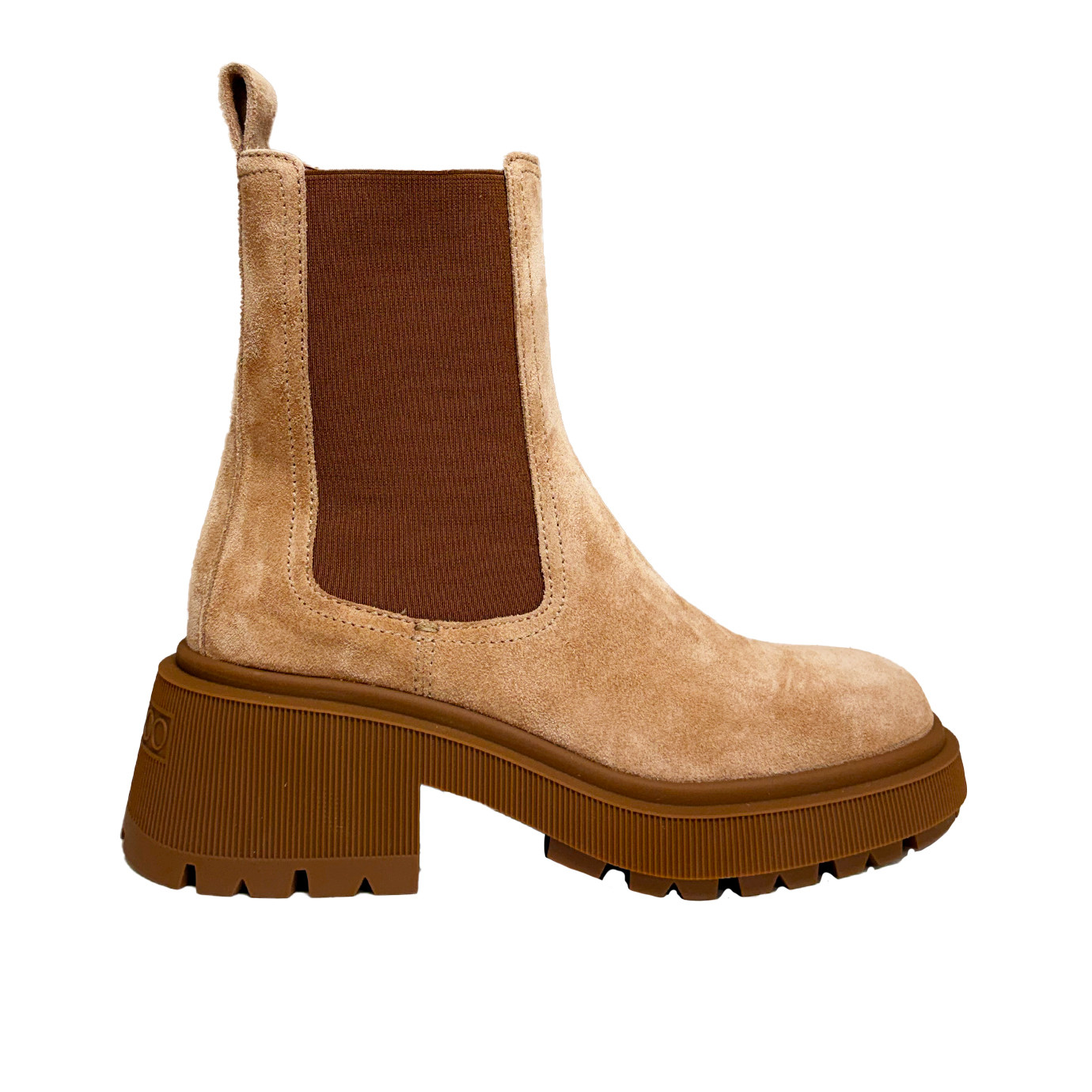 Visuel 1 : Collection Jimmy Choo Bordeaux | Boots Tamia Chelsea en veau velours toffee| Chaussures de luxe Parenthese Bordeaux