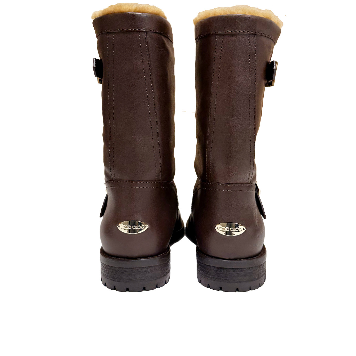 Visuel 3 : Collection Jimmy Choo Bordeaux | Boots Biker en cuir marron et shearling| Chaussures de luxe Parenthese Bordeaux