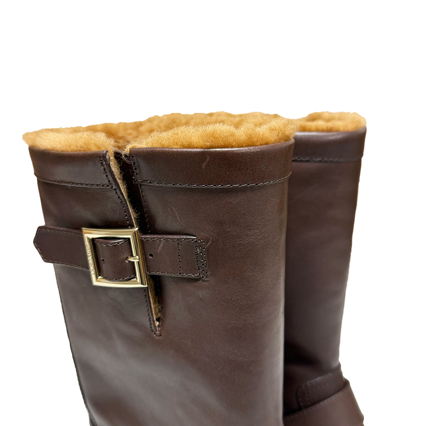 Visuel 4 : Collection Jimmy Choo Bordeaux | Boots Biker en cuir marron et shearling| Chaussures de luxe Parenthese Bordeaux