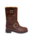 Visuel 1 : Collection Jimmy Choo Bordeaux | Boots Biker en cuir marron et shearling| Chaussures de luxe Parenthese Bordeaux