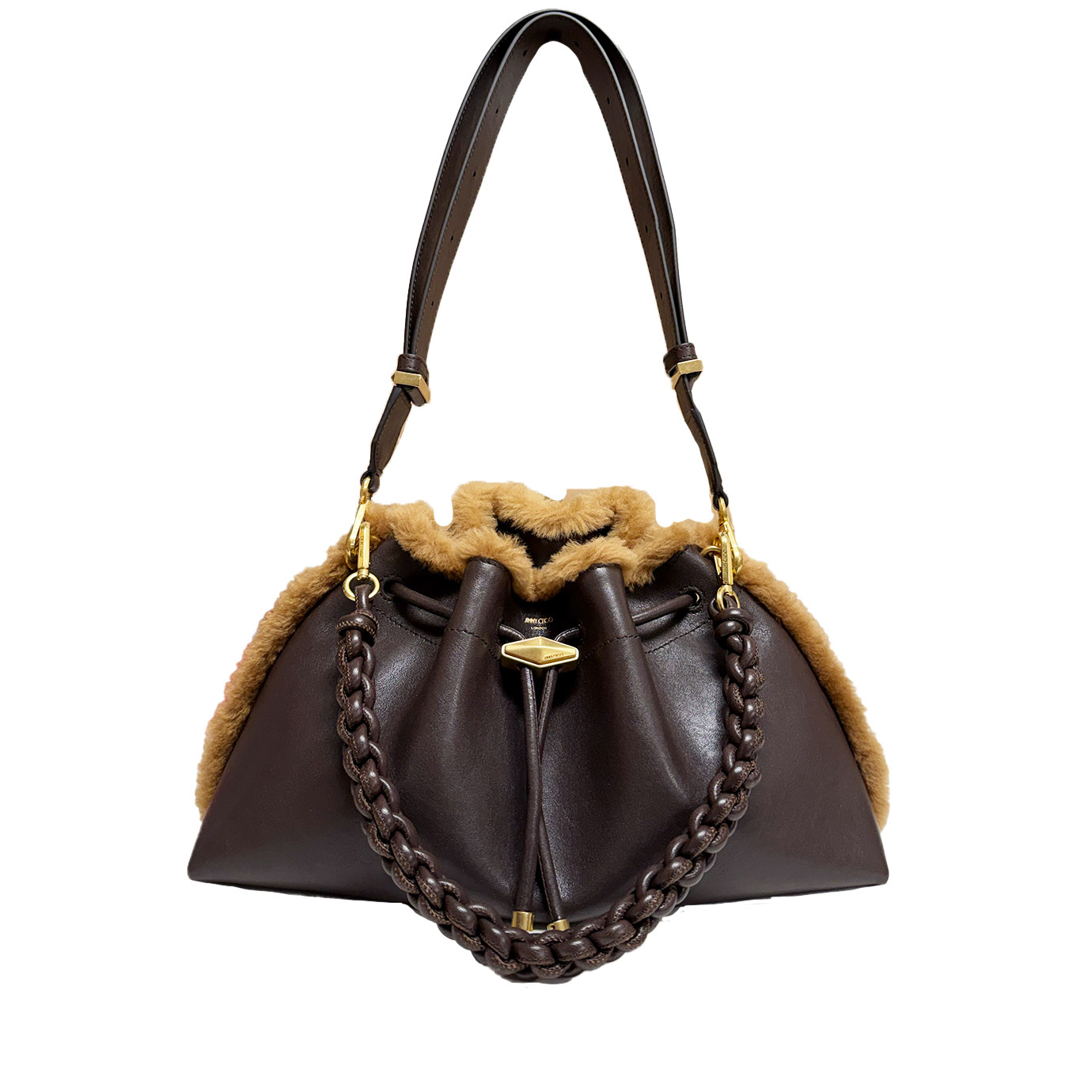 Visuel 2 : Collection Jimmy Choo Bordeaux | Sac Cinch Medium shearling chocolate| Sacs de luxe Parenthese Bordeaux
