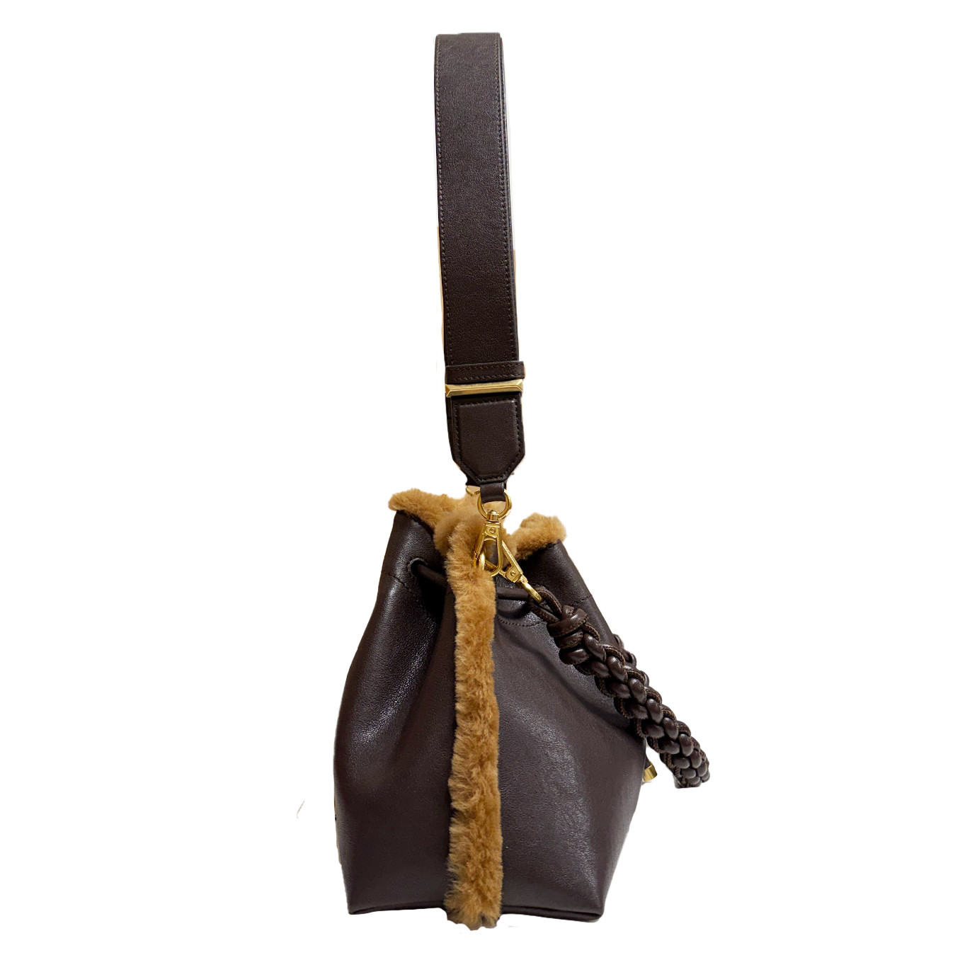 Visuel 3 : Collection Jimmy Choo Bordeaux | Sac Cinch Medium shearling chocolate| Sacs de luxe Parenthese Bordeaux