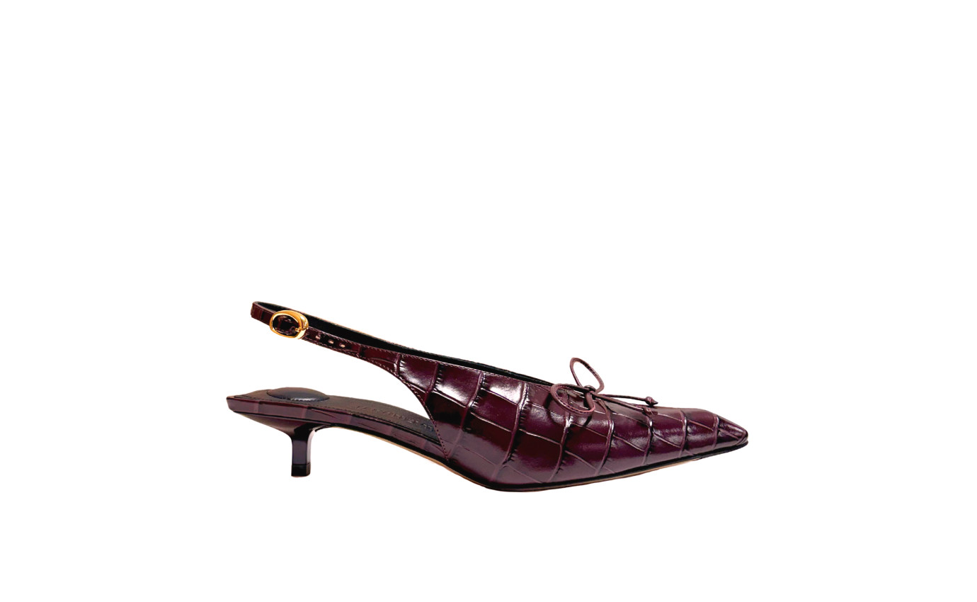 Visuel 1 : Collection Jacquemus Bordeaux | Les slingbacks basses en cuir effet croco burgundy| Parenthese Bordeaux