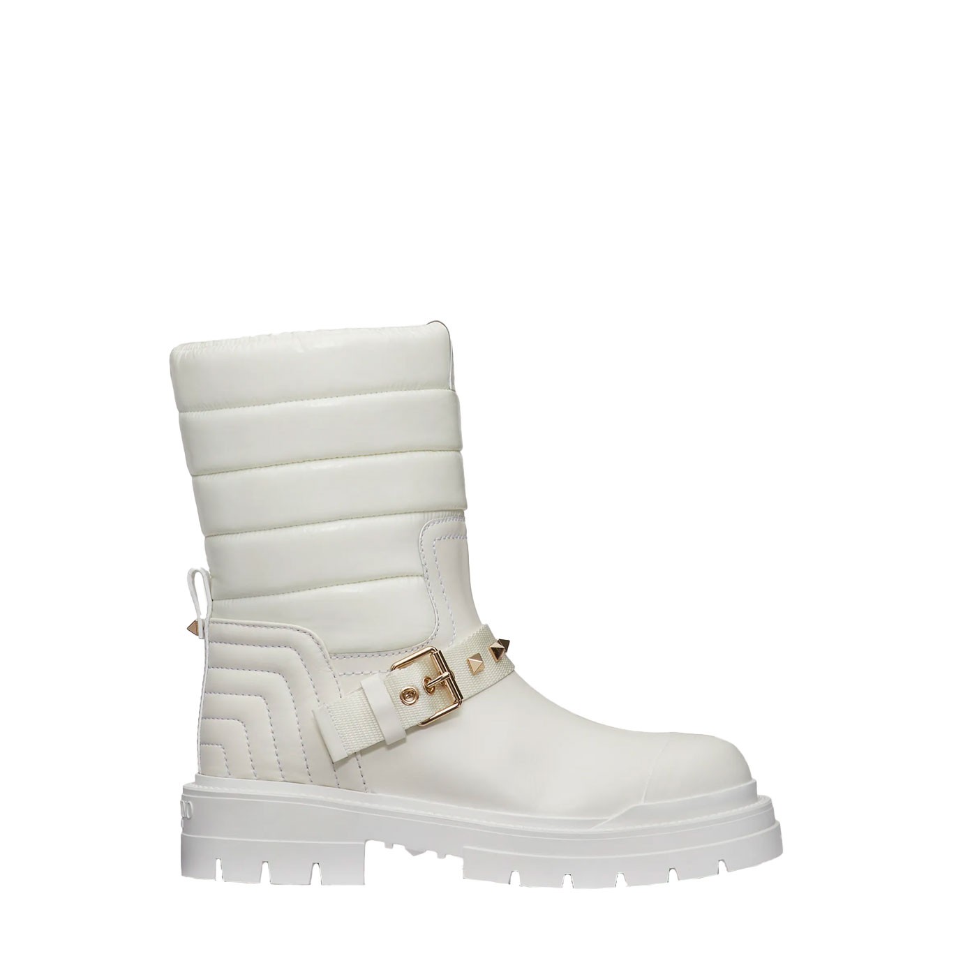 Chaussures pour femme de luxe. Combat boot Rockstud cuir et nylon blanc