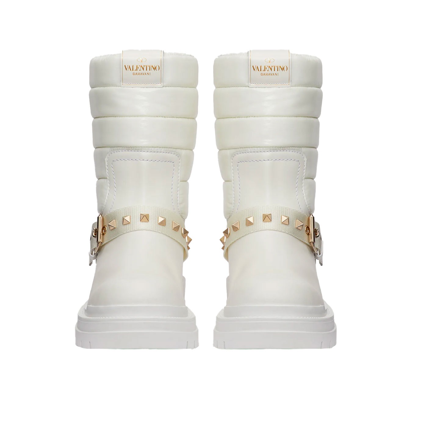 Chaussures pour femme de luxe. Combat boot Rockstud cuir et nylon blanc